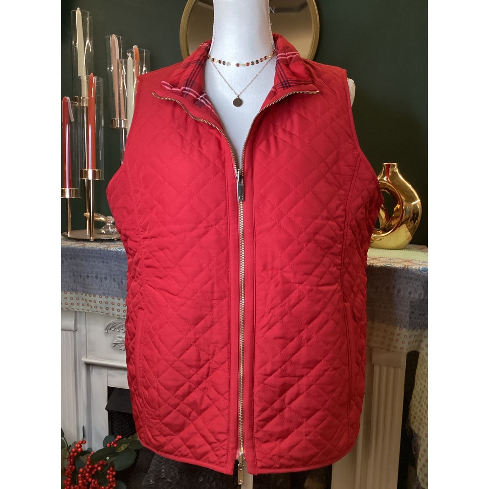 Chico's Reversible Quilted Vest Red Plaid Full Zip Size 2 Large US 12/14